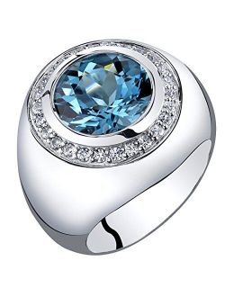 Men's Genuine London Blue Topaz Signet Ring 925 Sterling Silver, Large 5.50 Carats Round Shape 11mm, Sizes 8 to 13