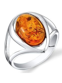Genuine Baltic Amber Ring for Women in Sterling Silver, Rich Cognac Color, Oval Shape Solitaire, Comfort Fit, Sizes 5 to 9