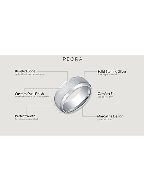 Peora Men's 8mm Solid 925 Sterling Silver Wedding Ring Band, Beveled Edge, Brushed Matte, Comfort Fit Sizes 8 to 16