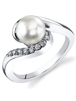 Freshwater Cultured White Pearl Bypass Ring in Sterling Silver, 7mm Round Button Shape, Comfort Fit, Sizes 5 to 9