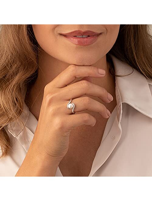 Peora Freshwater Cultured White Pearl Bypass Ring in Sterling Silver, 7mm Round Button Shape, Comfort Fit, Sizes 5 to 9