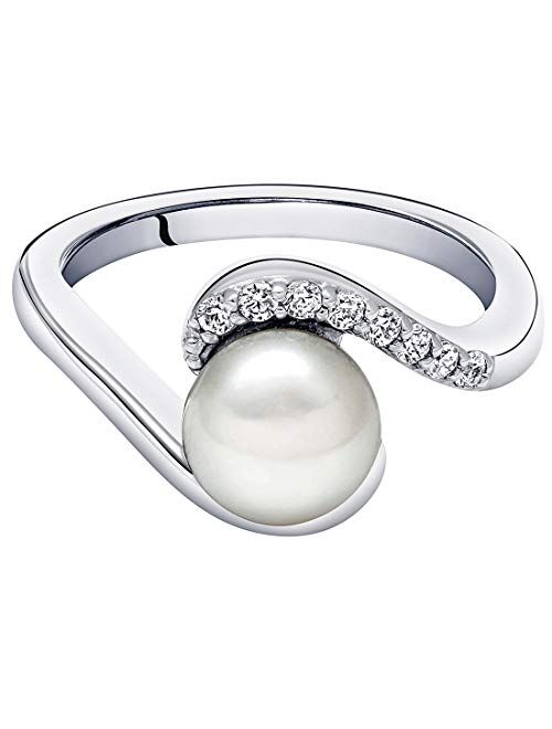 Peora Freshwater Cultured White Pearl Bypass Ring in Sterling Silver, 7mm Round Button Shape, Comfort Fit, Sizes 5 to 9