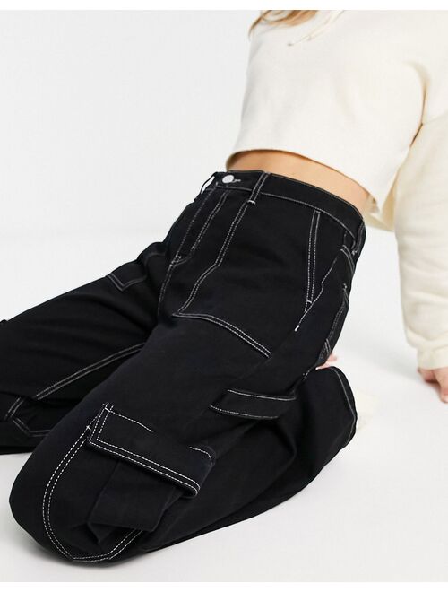Monki wide leg cargo jeans in black
