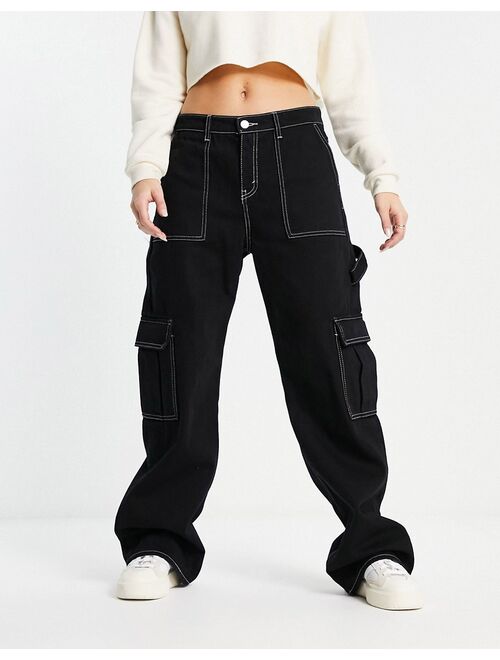 Monki wide leg cargo jeans in black