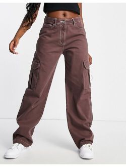 x015 anti fit cargo jeans with contrast stitch in mocha