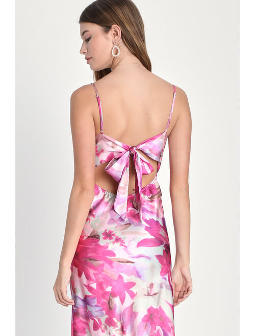 Lulus Sophisticated Sense Pink Floral Tie-Back Slip Midi Dress