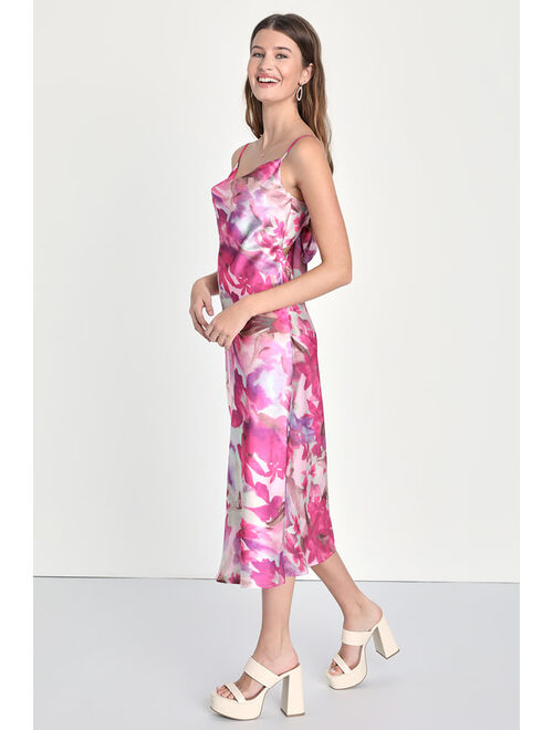 Lulus Sophisticated Sense Pink Floral Tie-Back Slip Midi Dress