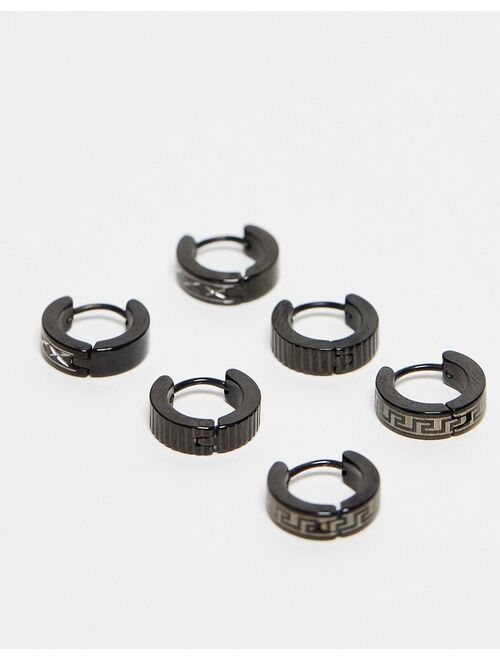 ASOS DESIGN 3 pack waterproof stainless steel hoop earrings set in black and silver tone