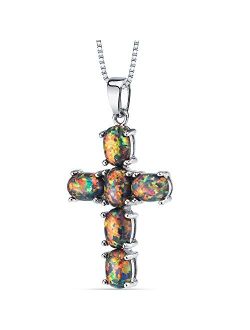 Created Black Fire Opal Cross Pendant Necklace for Women 925 Sterling Silver, 3 Carats total Oval Shape, with 18 inch Chain