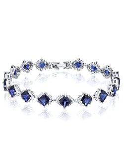 Created Blue Sapphire Tennis Bracelet for Women 925 Sterling Silver, 12 Carats total 16 Pieces Princess Cut, 7 1/4 inch length
