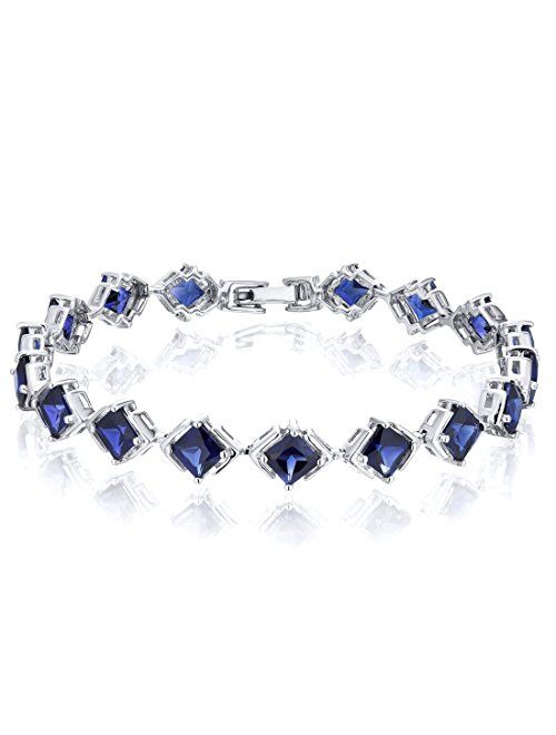Peora Created Blue Sapphire Tennis Bracelet for Women 925 Sterling Silver, 12 Carats total 16 Pieces Princess Cut, 7 1/4 inch length