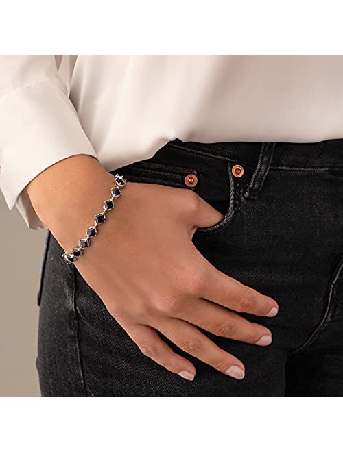 Peora Created Blue Sapphire Tennis Bracelet for Women 925 Sterling Silver, 12 Carats total 16 Pieces Princess Cut, 7 1/4 inch length