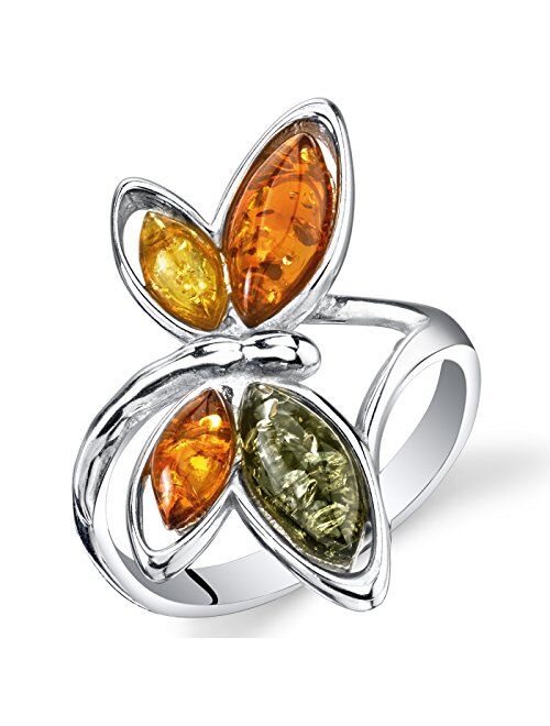 Peora Genuine Baltic Amber Dragonfly Ring for Women 925 Sterling Silver, Rich Cognac, Olive Green, Honey Yellow Colors Sizes 5 to 9