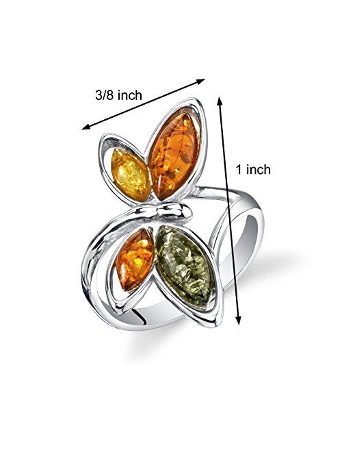 Peora Genuine Baltic Amber Dragonfly Ring for Women 925 Sterling Silver, Rich Cognac, Olive Green, Honey Yellow Colors Sizes 5 to 9