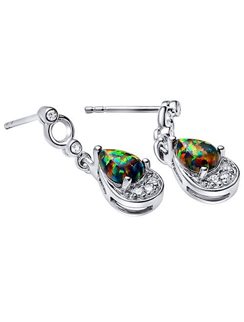 Peora Created Black Fire Opal Earrings in Sterling Silver, Open Halo Dangle, Teardrop Pear Shape, 8x5mm, 0.75 Carat total, Friction Back