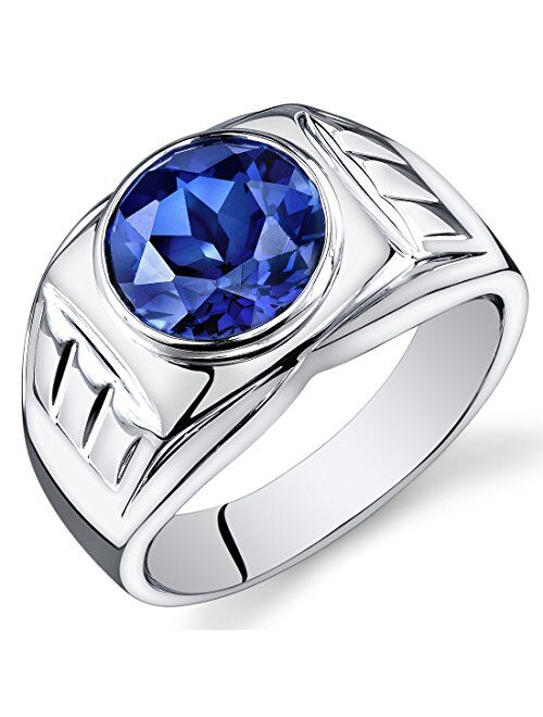 Peora Men's Created Blue Sapphire Signet Ring 925 Sterling Silver, 5.50 Carats Round Shape 10mm, Sizes 8 to 10