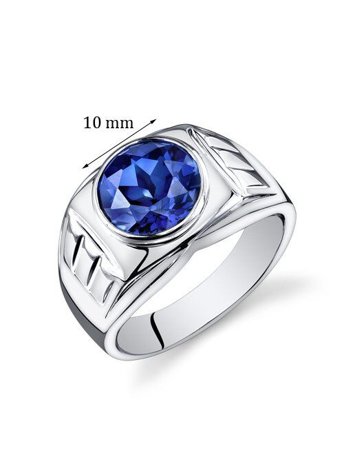 Peora Men's Created Blue Sapphire Signet Ring 925 Sterling Silver, 5.50 Carats Round Shape 10mm, Sizes 8 to 10