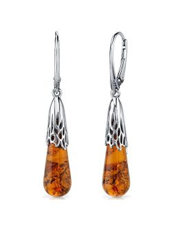 Genuine Baltic Amber Intricate Drop Pendant Necklace and Earrings for Women in Sterling Silver, Rich Cognac Color