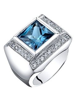 Men's Genuine London Blue Topaz Signet Ring 925 Sterling Silver, Large 5 Carats Princess Cut 10mm, Sizes 8 to 13