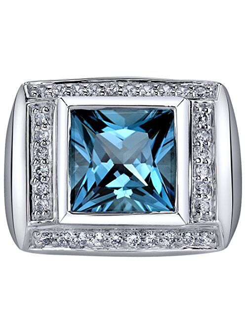 Peora Men's Genuine London Blue Topaz Signet Ring 925 Sterling Silver, Large 5 Carats Princess Cut 10mm, Sizes 8 to 13