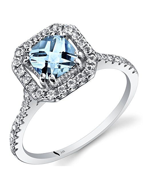 Peora Aquamarine Ring for Women 14K White Gold with White Topaz, Genuine Gemstone Birthstone, 1.13 Carats total, 6mm Cushion Cut, Halo Design, Sizes 5 to 9