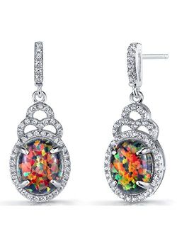 Created Black Fire Opal Earrings in Sterling Silver, Harlequin Halo Dangle Design, Oval Shape, 10x8mm, 3.00 Carats total, Friction Backs