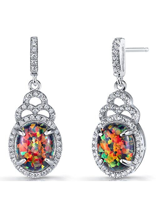 Peora Created Black Fire Opal Earrings in Sterling Silver, Harlequin Halo Dangle Design, Oval Shape, 10x8mm, 3.00 Carats total, Friction Backs