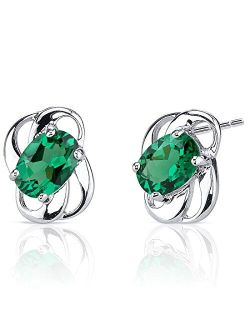 Simulated Emerald Stud Earrings for Women 925 Sterling Silver, 1.50 Carats total Oval Shape 7x5mm, Friction Backs