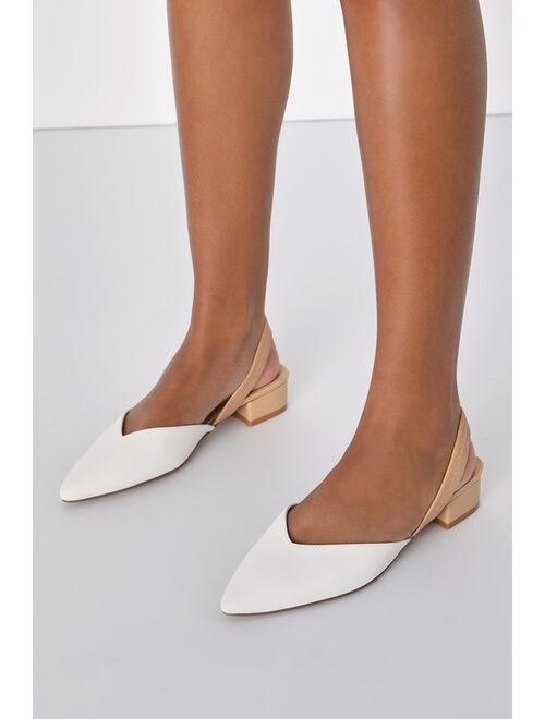 Lulus Mae White and Light Nude Pointed-Toe Slingback Heels
