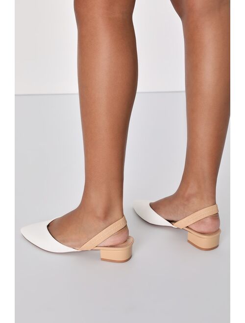 Lulus Mae White and Light Nude Pointed-Toe Slingback Heels