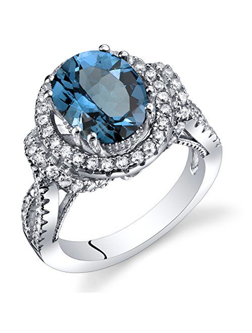 Peora London Blue Topaz Gallery Ring for Women 925 Sterling Silver, Genuine Gemstone Birthstone, Large 3.25 Carats Oval Shape 10x8mm, Sizes 5 to 9