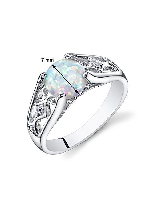 Peora Created White Fire Opal Ring for Women 925 Sterling Silver, Venetian Vintage Design, 1.25 Carats Round Shape 7mm, Sizes 5 to 9