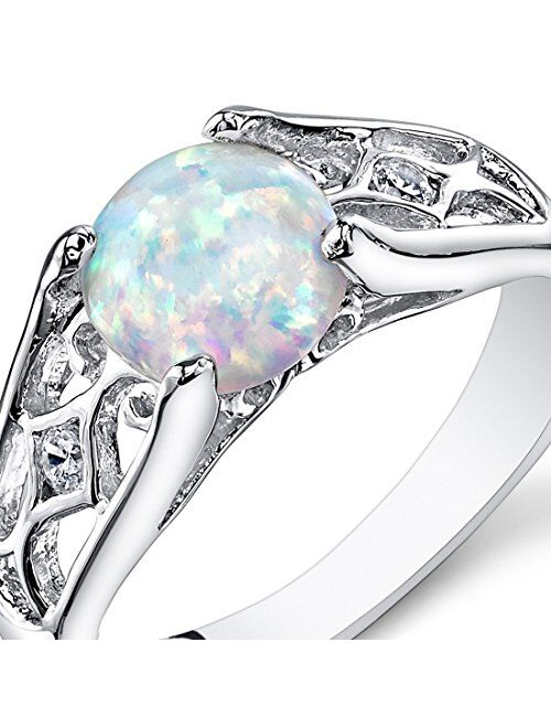 Peora Created White Fire Opal Ring for Women 925 Sterling Silver, Venetian Vintage Design, 1.25 Carats Round Shape 7mm, Sizes 5 to 9