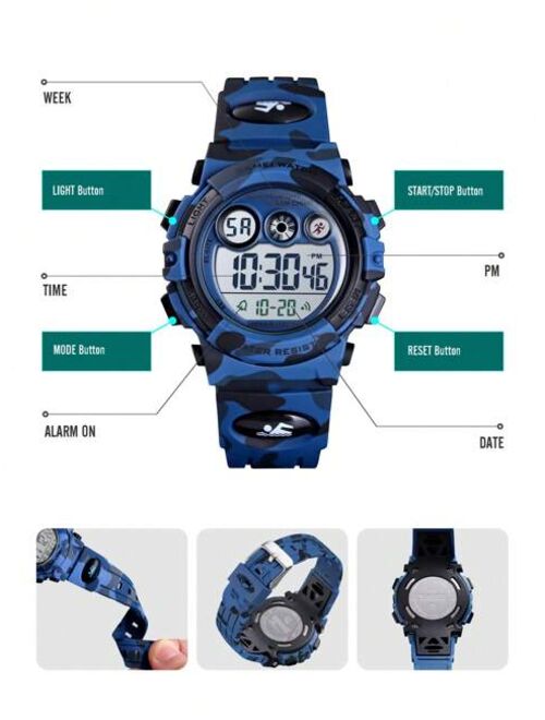 Skmei-SKM 1pc Boys Camo TPU Strap Sporty Calendars Water Resistant Alarm Date LED Display Letter Graphic Round Dial Digital Watch, For Daily Decoration