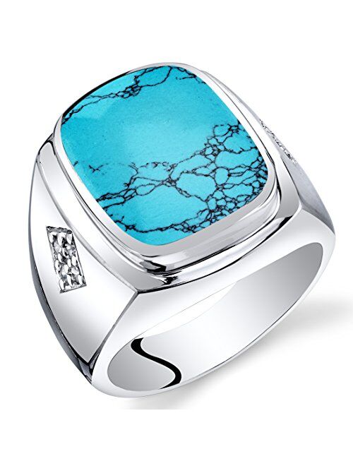 Peora Men's Simulated Turquoise Knight Signet Ring 925 Sterling Silver, Large 15x12mm Cushion Cut, Sizes 8 to 13