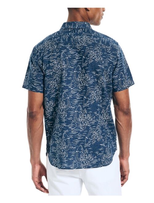 NAUTICA Men's Japanese-Inspired Fish Print Short-Sleeve Button-Up Shirt