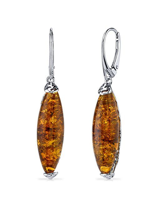 Peora Genuine Baltic Amber Designer Pendant Necklace and Earrings in Sterling Silver, Rich Cognac Color