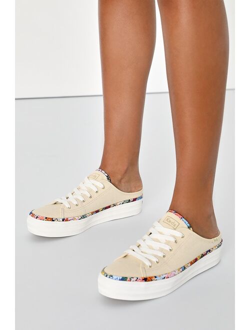Keds Triple Kick Natural Raffia Floral Print Flatform Sneaker Mules