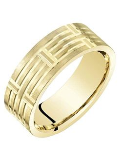 Men's 7mm 14K Yellow Gold Wedding Ring Band for Men Geometric Style, Brushed Matte with High Polish Finish, Comfort Fit, Sizes 8 to 14