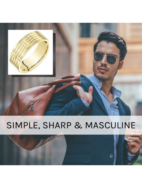 Peora Men's 7mm 14K Yellow Gold Wedding Ring Band for Men Geometric Style, Brushed Matte with High Polish Finish, Comfort Fit, Sizes 8 to 14