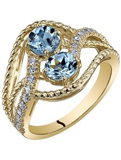 Aquamarine Two-Stone Ring for Women 14K Yellow Gold, Natural Gemstone, 1 Carat total Round Shape, Sizes 5 to 9