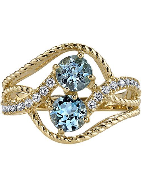 Peora Aquamarine Two-Stone Ring for Women 14K Yellow Gold, Natural Gemstone, 1 Carat total Round Shape, Sizes 5 to 9