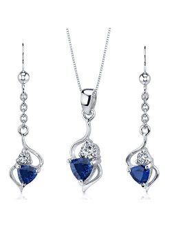 Created Blue Sapphire Earrings Pendant Necklace Set 925 Sterling Silver, 2.25 Carats Total Trillion Cut with 18 inch Chain