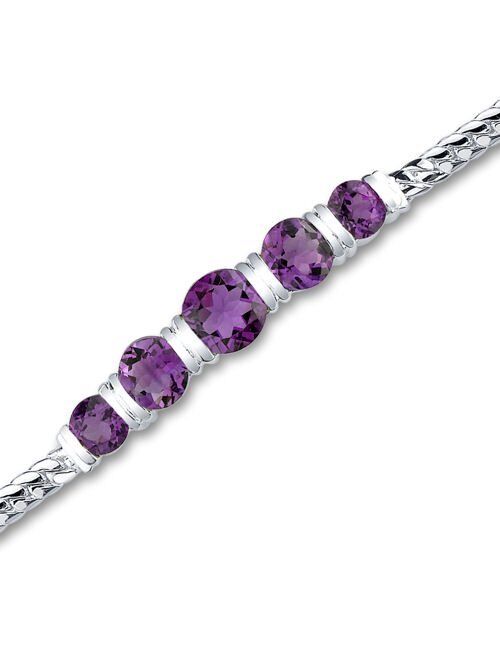 Peora Amethyst 5-Stone Bracelet for Women 925 Sterling Silver, Natural Gemstone, 3.75 Carats total Round Shape, 7 1/4 inch length