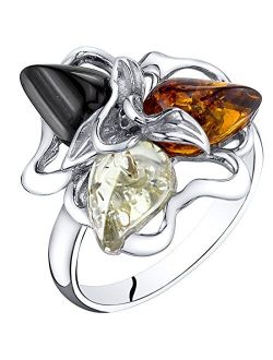 Genuine Baltic Amber Star Leaf Ring for Women 925 Sterling Silver, Multiple Colors, Sizes 5 to 9