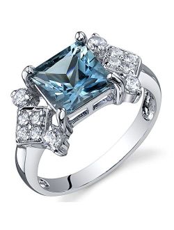 London Blue Topaz Princess Cut Ring Sterling Silver Rhodium Nickel Finish 2.00 Carats Sizes 5 to 9