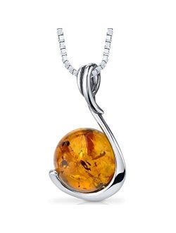 Genuine Baltic Amber Pendant Necklace for Women 925 Sterling Silver, Rich Cognac Color Solitaire Ball with 18 inch Chain
