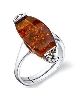 Genuine Baltic Amber Gallery Ring for Women 925 Sterling Silver, Large Statement Stone, Rich Cognac Color Sizes 5 to 9