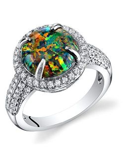 Created Black Fire Opal Ring for Women in Sterling Silver, Victorian Vintage Design, 1.25 Carats Round Cabochon, Comfort Fit, Sizes 5 to 9