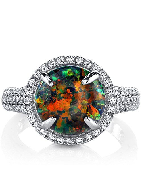 Peora Created Black Fire Opal Ring for Women in Sterling Silver, Victorian Vintage Design, 1.25 Carats Round Cabochon, Comfort Fit, Sizes 5 to 9